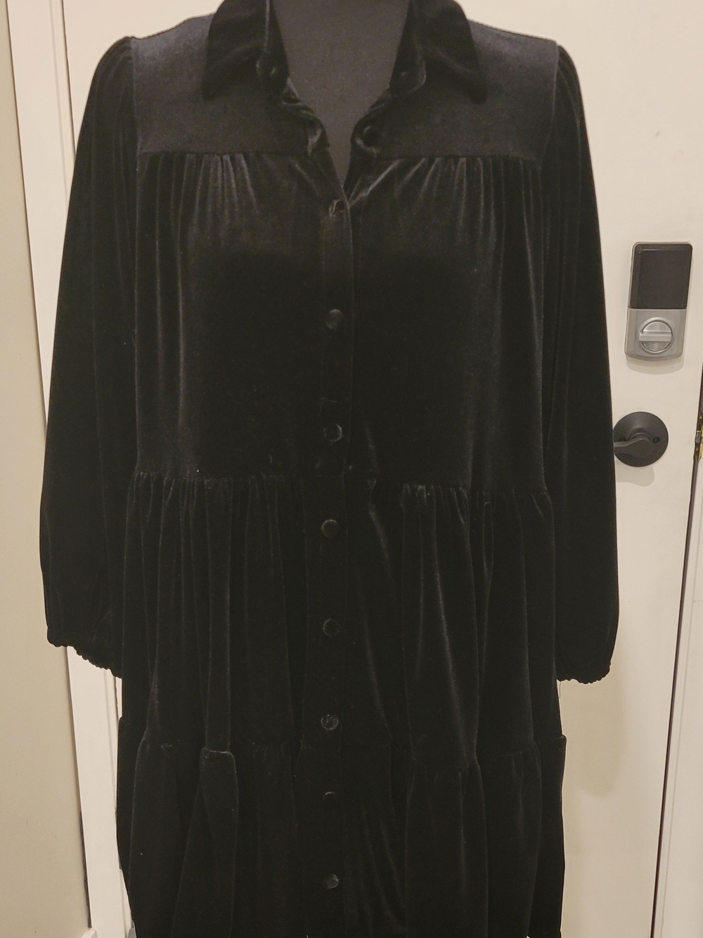 Source Unknown Black Velvet Button-Front Long Sleeve Dress